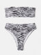 Women Bandeau Strapless Leopard Zebra Print Bikinis Sexy Thong Swimsuit - White