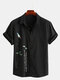 Mens Chinese Painting Print Turndown Collar Short Sleeve Casual Shirt - Black