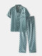 Green Geometric Print Smooth Pockets Loungewear Sets Two Piece Lapel Collar Short-Sleeve Pajamas - Green