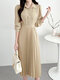 Solid Pleated Lapel Collar Front Buttons Graceful Midi Dress - Apricot