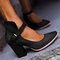 Large Size Women Ladies Splicing Pointed Toe Buckle Chunky Heel Pumps - Black 1