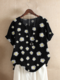 Floral Daisy Print Short Sleeve O-Neck T-shirt - Black