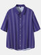 Plus Size Mens Lines Striped Lapel Short Sleeve Button Up Shirt - Blue
