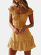 Dot Print Smocked Tie Front Tiered Cap Sleeve Zipper Mini Dress - Yellow