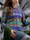 Casual Patchwork Crewneck Plus Size Knit Sweater - Blue