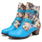 SOCOFY Elegant Flowers Pattern Splicing Solid Color Leather Chunky Heel Short Boots - Blue