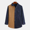 Mens Corduroy Patchwork Turn Down Collar Chest Pocket Long Sleeve Casual Shirts - Blue