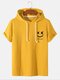 Camisetas con capucha de manga corta informales de pana con estampado de cara sonriente para hombre - Amarillo