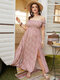 Plus Size Off The Shoulder Calico Shirring Short Sleeves Maxi Dress - Pink