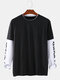 Mens 100% Cotton Patchwork Long Sleeve Loose Casual O-Neck T-Shirts - Black
