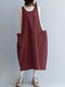 Women Solid Side Pocket Crew Neck Casual Sleeveless Dress - Wine Red