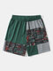 Mens Ethnic Geometric Print Patchwork Loose Drawstring Shorts - Green