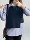 المرأة مخطط المرقعة طية صدر السترة زر تصميم بلوزة طويلة الأكمام - أزرق غامق
