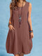 Solid Button Pocket Sleeveless Casual Cotton Midi Dress - Rust