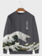Mens Japanese Wave Cat Print Crew Neck Pullover Sweatshirts - Gray