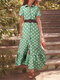 Polka Dot Button Lapel Short Sleeve Ruffle Shirt Dress - Green