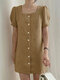 Solid Square Collar Puff Sleeve Button Front Casual Dress - Brown