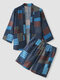 Mens Ethnic Pattern Open Front 3/4 Sleeve Kimono Two Pieces Outfits - Blue