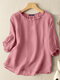 Solid Lettuce Edge Crew Neck 3/4 Sleeve Casual Blouse - Pink