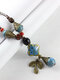 Vintage Geometric Beaded Leaves Hand-woven Ceramics Copper Long Sweater Necklace - Blue