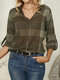 Plaid Button Stand Collar Long Sleeve Casual Blouse For Women - Coffee