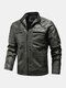Mens PU Leather Zip Front Velvet Thicken Warm Casual Jackets With Pockets - Black