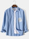 Mens Cotton Solid Color Cartoon Cat Pocket Lapel Cotton Long Sleeve Shirt - Blue
