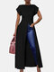 Splited Solid Color Short Sleeve O-neck Long Blouse For Women - Black