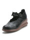 Women Casual Retro Floral Embellished Soft Comfy Breathable Hollow Leather Mary Jane Wedges Shoes - Black
