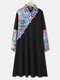 Vintage Floral Print Long Sleeves Button Patchwork Casual Dress For Women - Black