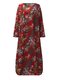 Vintage Women Long Sleeve Floral Printed Loose Long Maxi Dresses - Red