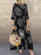 المرأة طباعة طاقم الرقبة 3/4 كم فستان خمر - أسود