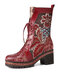 Socofy Retro Ethnic Floral Embroidered Genuine Leather Side-zip Comfy Chunky Heel Mid Calf Boots - Wine Red