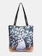 Women Cat Floral Pattern Print Shoulder Bag Handbag Tote - Black