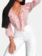 Solid Color Flounces Long Sleeve Casual Blouse For Women - Pink