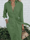 Solid Color Tie Waist Long Sleeve Lapel Casual Dress - Green