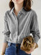Women Stripe Print Lapel Button Long Sleeve Shirt - Black