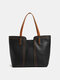 Women Faux Leather Brief Large Capacity Solid Color Sewing Thread Weave Pattern Handbag Tote - Black