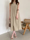 Solid O-neck Pleated Sleeveless Pocket Women Casual Dress - Apricot