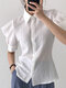 Blusa de manga bufante de cor sólida frente Botões elegante - Branco