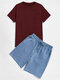 Mens Solid Color Preppy Short Sleeve Crew Neck Two Piece Outfits - Wine Red