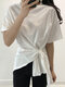 Twisted Designed Lace Up Crew Neck Short Sleeve Blouse - White