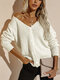V-neck Long Sleeve Button Women Solid Knitted Cardigan - White