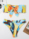 Women Color Block Print Tie Front Bandeau Strapless High Waist Bikinis - #3