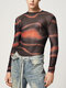 Camiseta masculina skinny malha transparente com estampa de redemoinho - Preto