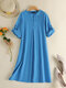 Solide Tasche Rolllaschenärmel Einkerbung am Hals Vintage Kleid - Blau