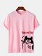 मेन्स कार्टून कैट लेटर प्रिंट कॉटन शॉर्ट स्लीव टी-शर्ट्स - गुलाबी