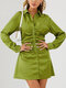 Women Solid Color Lapel Button Pleated Long Sleeve Sexy Dress - Green