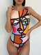 Plus Size Women Graffiti Abstract Print Wide Straps High Neck Backless Slimming One Piece - Orange