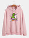 Mens 100% Cotton Cartoon Animal Print Drop Shoulder Pouch Pocket Drawstring Hoodies - Pink